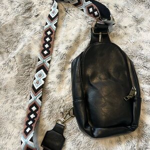 Black Leather Crossbody Bag with Patterned Strap